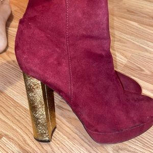 Burgundy and gold heels